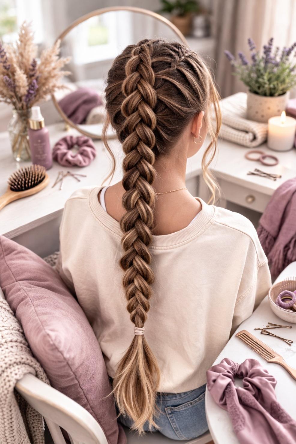 picture of a girl with a beautiful long deutsch braid hairstyle in a beige and pink bedroom