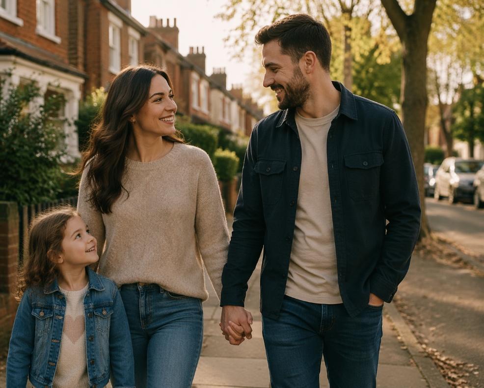 picture of a happy couple walking down the street holding hands with their child watching them