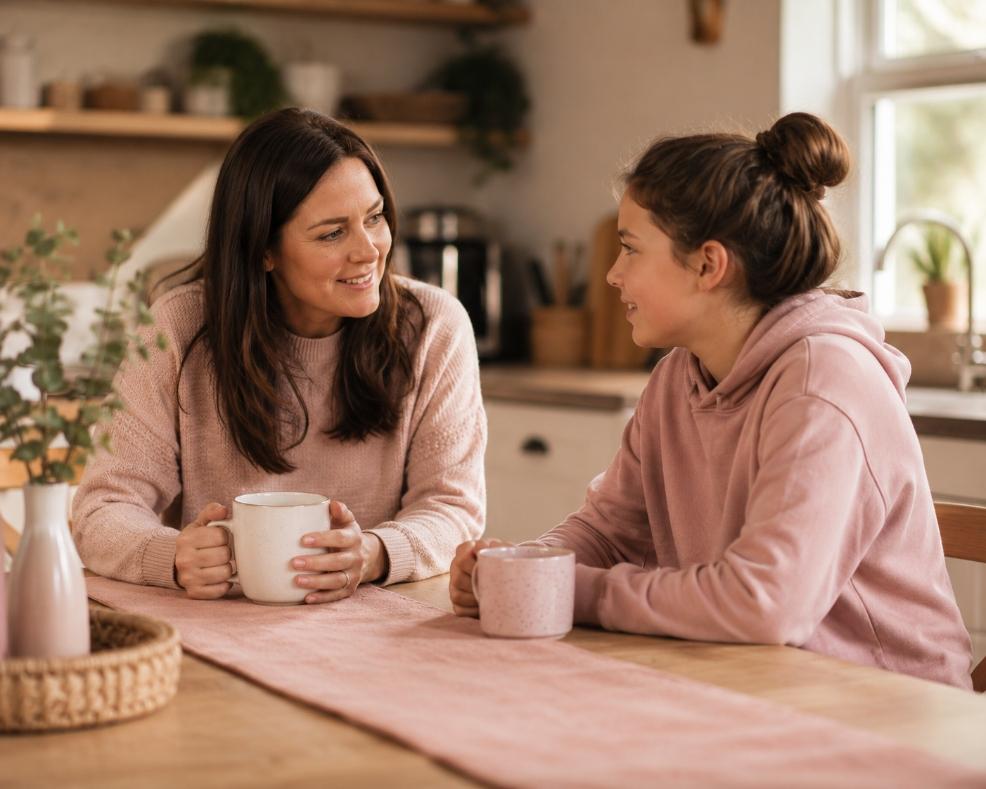 picture of a mum and daughter sat at the kitchen table chatting about changing hormones