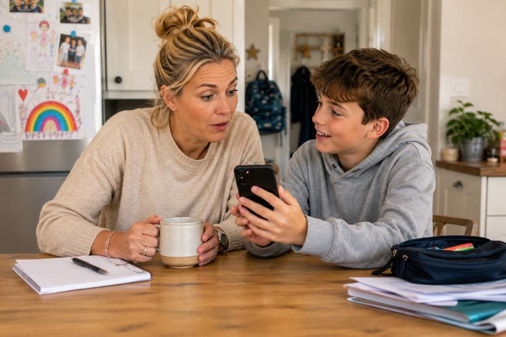 a mum and son sat at a table with the son showing her something on his smartphone picture of a mum and son sat at a table with the son showing her something on his smartphone