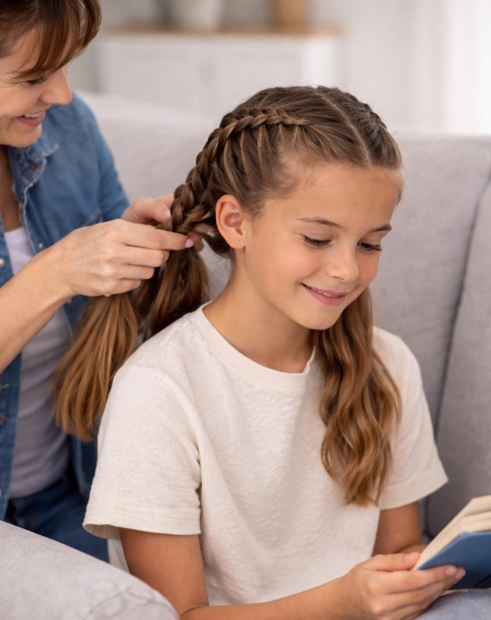 picture of a mum following a step by step guide to do a dutch braid hairstyle on her tween