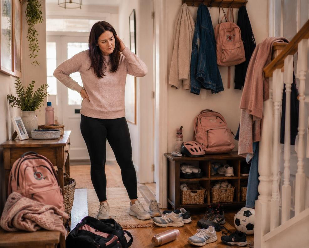 picture of a perimenopausal mum stood in a cluttered family hallway feeling overwhelmed