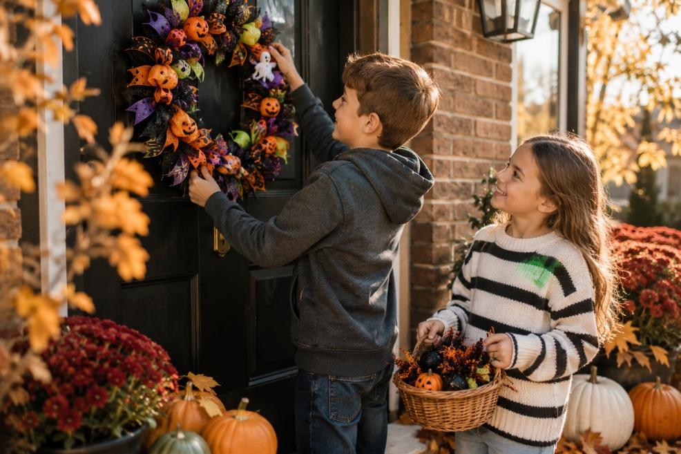 happy children hanging a home made halloween wreath on their front door picture of happy children hanging a home made halloween wreath on their front door
