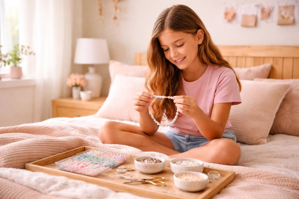 tween girl creating handmade jewellery with beads in a bedroom, developing creativity and confidence through a new hobby picture of tween girl creating handmade jewellery with beads in a bedroom, developing creativity and confidence through a new hobby