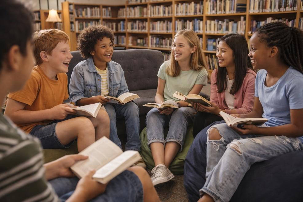 picture of tweens taking part in a book club at a library, building communication and learning skills through informal group reading