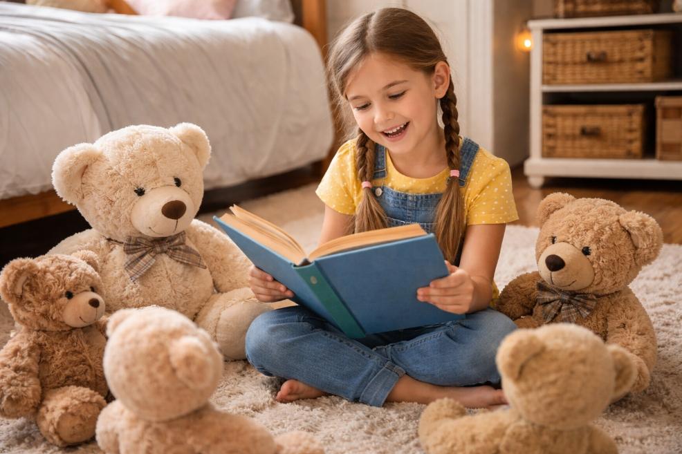 picture of young girl reading a story aloud to her teddy bears in a cosy bedroom
