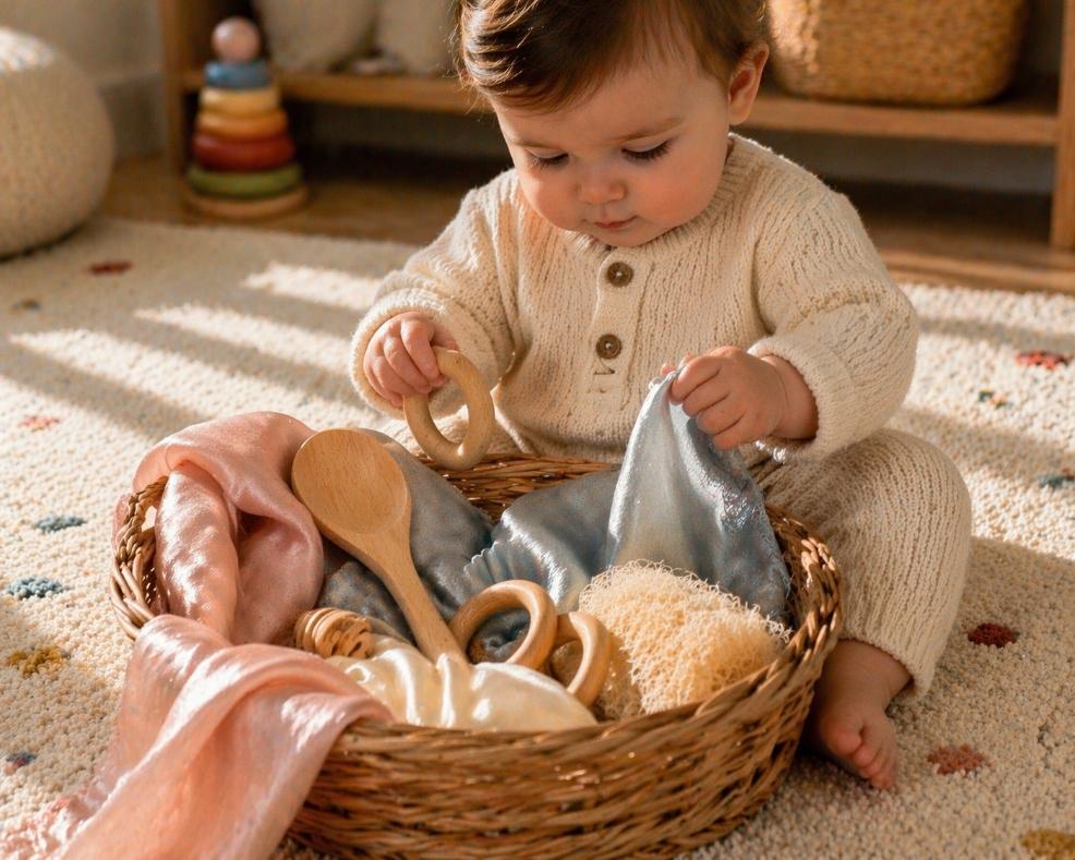 picture of Baby playing with a treasure basket using wooden toys and soft fabrics for sensory play