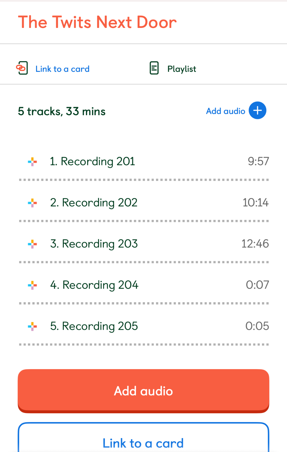 picture of the Yoto app playlist page with add audio button showing