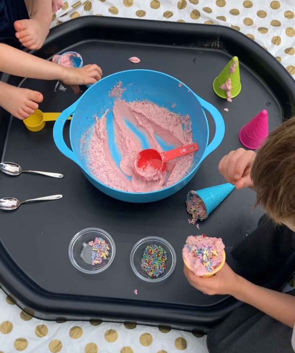picture of an ice cream themed tuff tray edible activity for kids