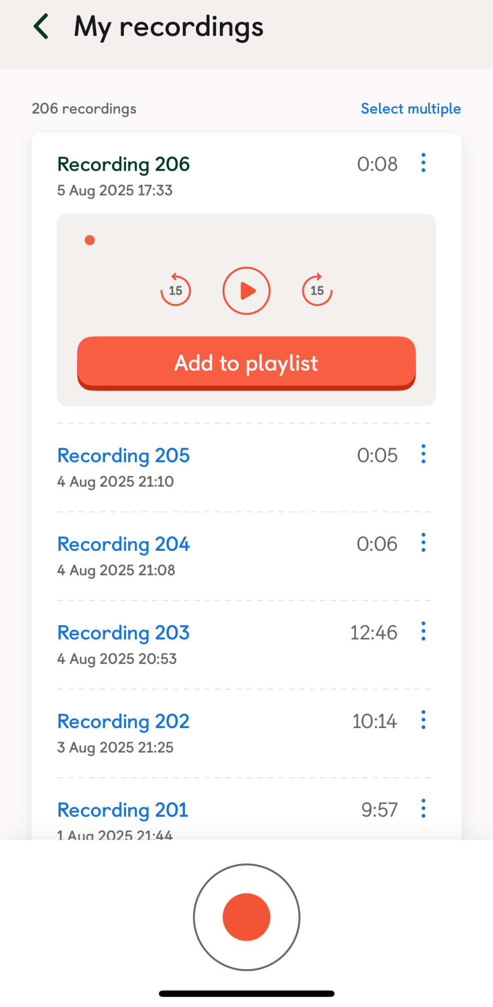 picture of the my recording page on Yoto app with how to add recording to a playlist