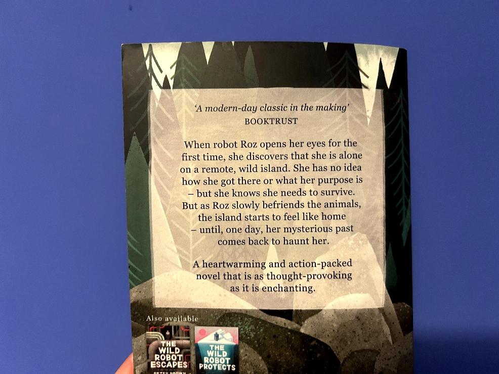 picture of the back cover of The Wild Robot Childrens book for a book review