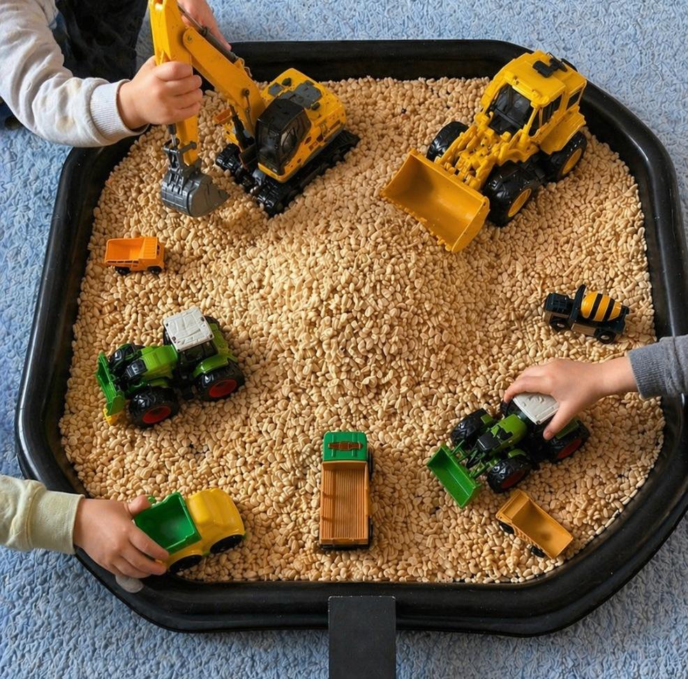 picture of a childrens constuction themed tuff tray activity for kids