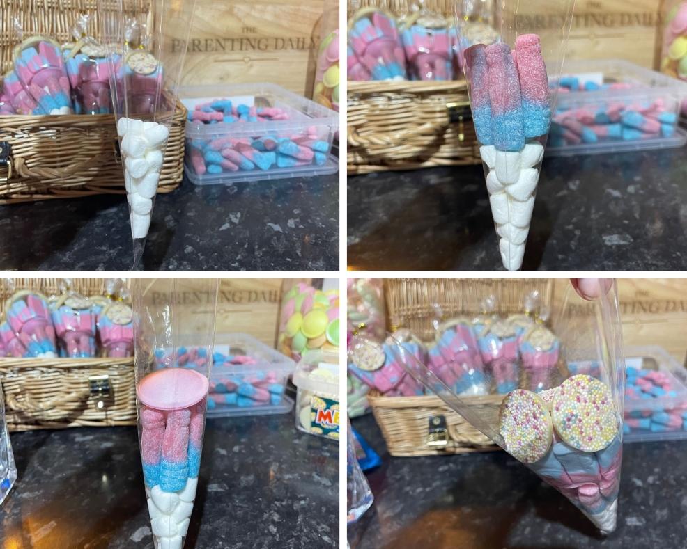 picture of how to make Pink and blue themed sweet cones 