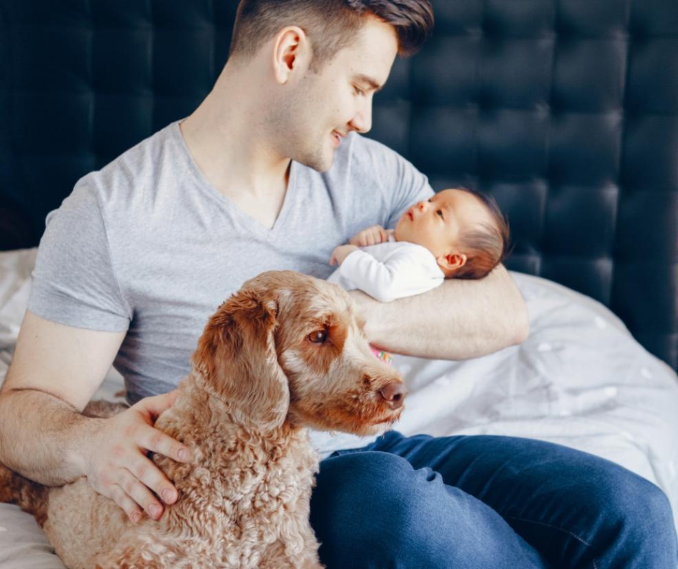 picture of a dad with new baby and a dog