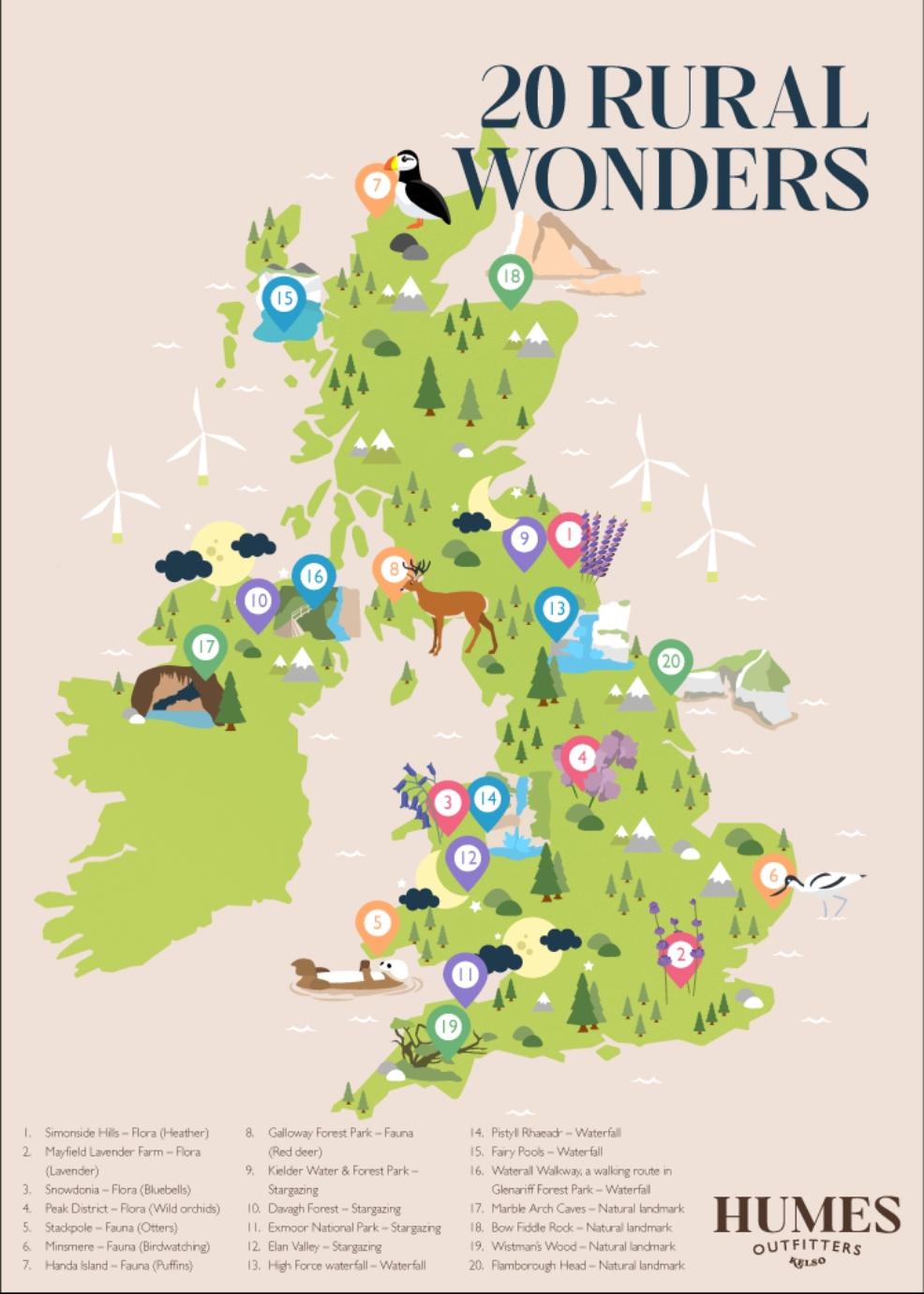 picture of a map of 20 Rural Wonders by Humes Outfitters