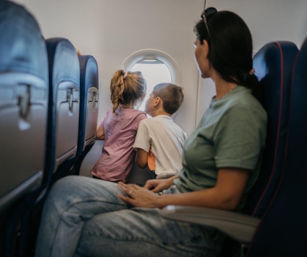 picture of a mum on a plane with two young children