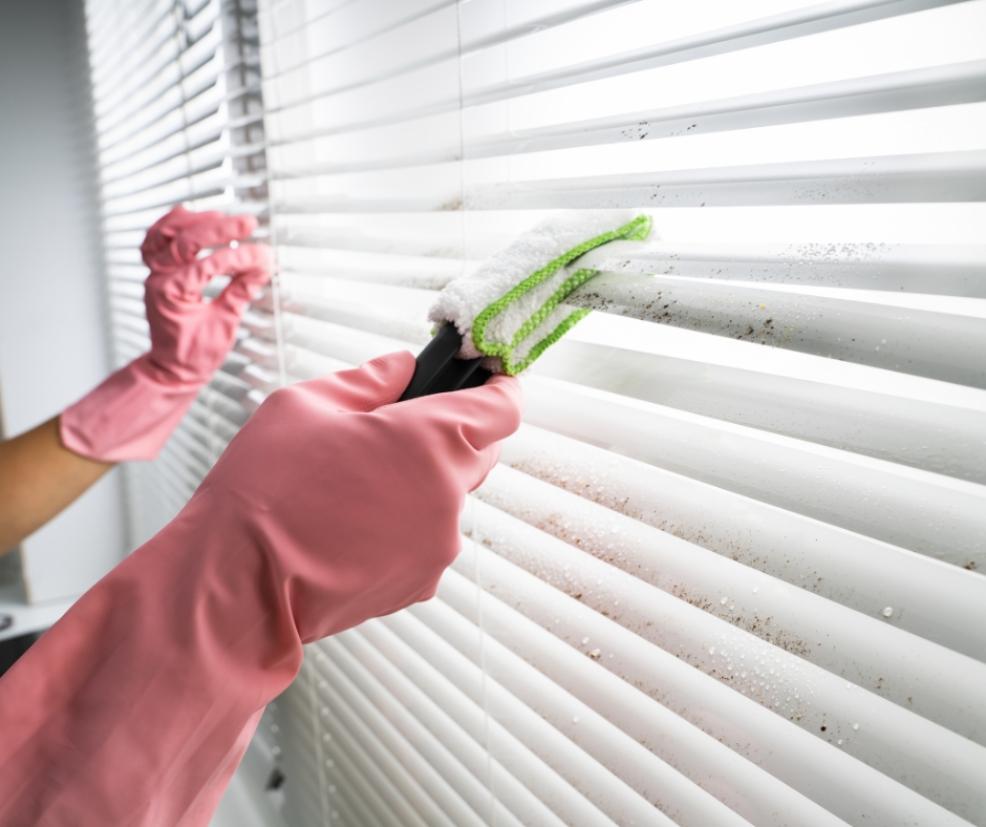 picture of someone using tong duster to clean blinds