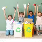 children learning about recycling with recyclable products and recycling bins picture of children learning about recycling with recyclable products and recycling bins