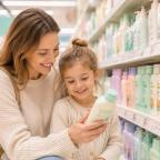 picture of a Parent and child shopping for non-toxic kids’ products, reading ingredient labels in a supermarket