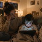 picture of Toddler watching a tablet on the sofa in a dimly lit living room while parent sits nearby, showing evening screen time before bed