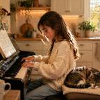 picture of Young girl practising piano at home in a cosy kitchen with a cat sleeping beside her, showing focus and developing a new interest
