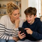 A mum and tween son sitting together on a sofa looking at a smartphone screen picture of A mum and tween son sitting together on a sofa looking at a smartphone screen