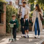 a family walking to school with a child riding on ahead on a personalised scooter picture of a family walking to school with a child riding on ahead on a personalised scooter