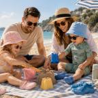 a happy family on a sunny beach surrounded by summer essentials picture of a happy family on a sunny beach surrounded by summer essentials