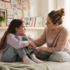 a mum supporting her child with friendship troubles sitting on childs bed picture of a mum supporting her child with friendship troubles sitting on childs bed