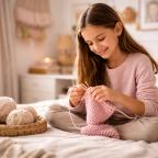 picture of tween girl practising knitting in a bedroom, learning a new hobby and building confidence and creativity