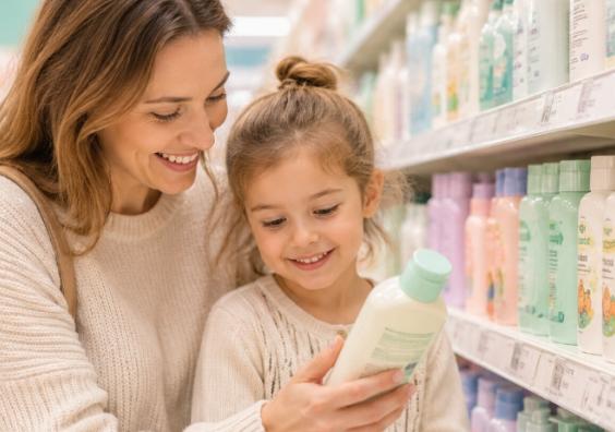 picture of a Parent and child shopping for non-toxic kids’ products, reading ingredient labels in a supermarket