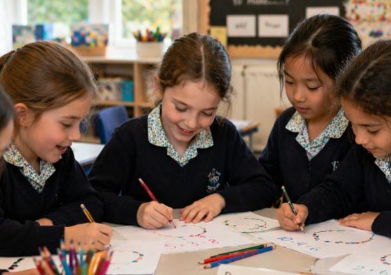 picture of Primary school girls learning maths through creative activities in class, building confidence and engagement through hands-on learning