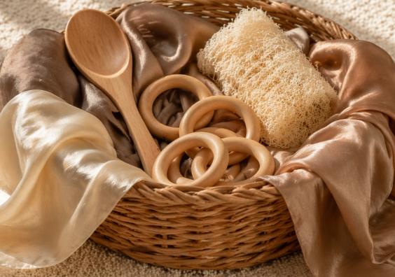 picture of Wicker treasure basket for babies filled with natural sensory items