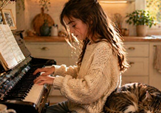 picture of Young girl practising piano at home in a cosy kitchen with a cat sleeping beside her, showing focus and developing a new interest