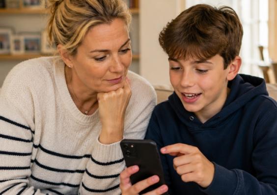 picture of A mum and tween son sitting together on a sofa looking at a smartphone screen
