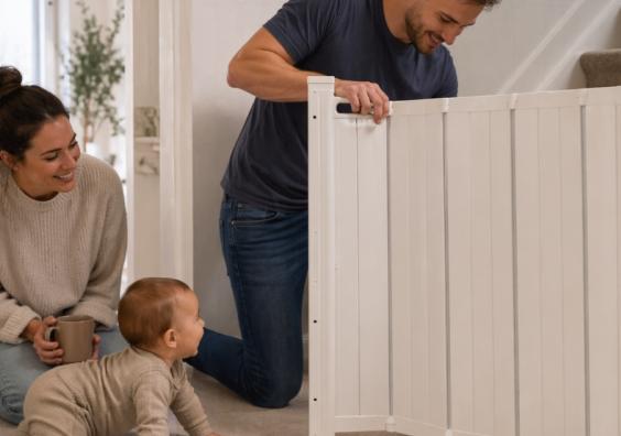 picture of Dad fitting a stair gate while a mum and crawling baby watch nearby in a family home, showing babyproofing and home safety in action