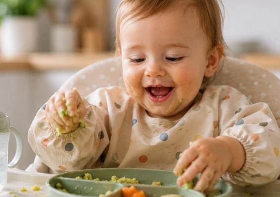 picture of a happy baby sat in a high chair covered in food whilst they enjoy weaning