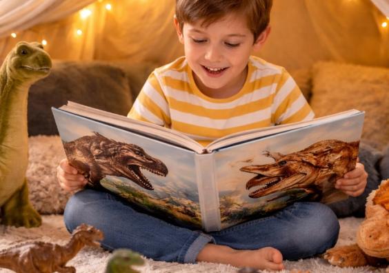 picture of young boy reading a dinosaur book inside a cosy play tent with fairy lights, surrounded by toy dinosaurs and exploring his curiosity through play