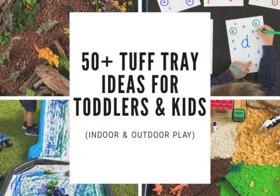 picture of four photos showing examples of 50 Tuff Tray activity ideas for toddlers and kids
