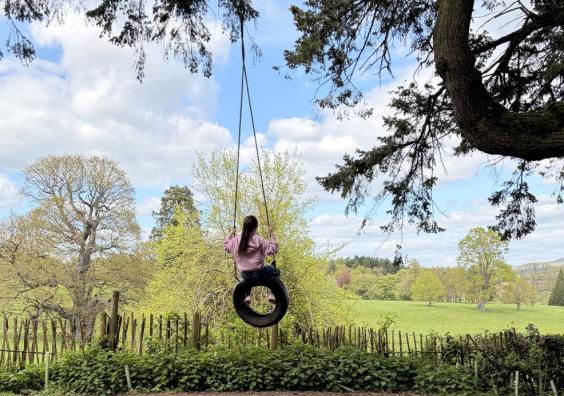 picture of a child on a rope swing at Wildwood looking at a beautiful view