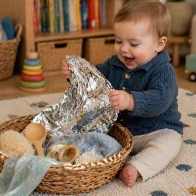 picture of Baby boy sitting on a playroom rug exploring a treasure basket