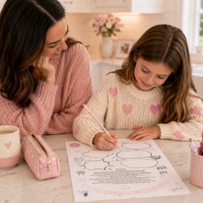 picture of Parent helping child with friendship problems using a printable worksheet, supporting emotional wellbeing and confidence in tweens