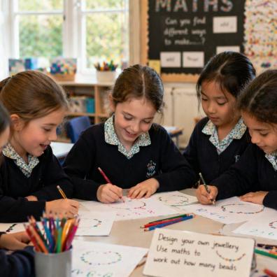 picture of Primary school girls learning maths through creative activities in class, building confidence and engagement through hands-on learning