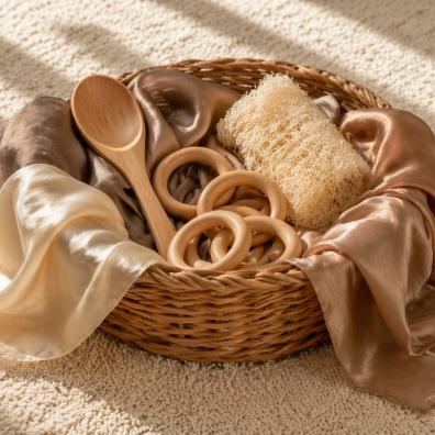 picture of Wicker treasure basket for babies filled with natural sensory items