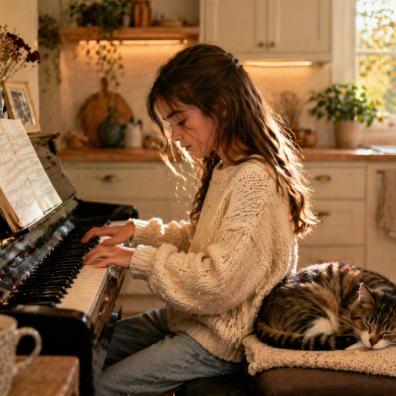 picture of Young girl practising piano at home in a cosy kitchen with a cat sleeping beside her, showing focus and developing a new interest