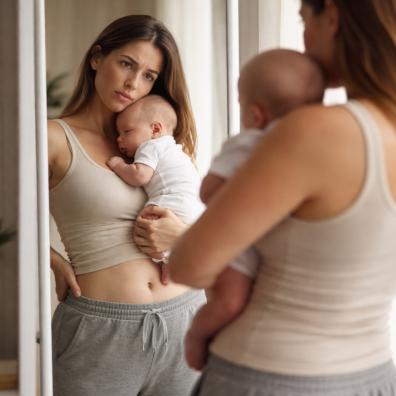 picture of New mum holding baby while looking at her reflection in a mirror representing postpartum body image and motherhood