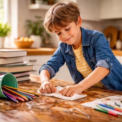 picture of child learning from a mistake by cleaning up spilled pencils and water, showing resilience, confidence and independent problem solving