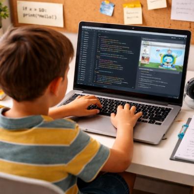 picture of child learning to code on a laptop at a desk, building problem solving skills and exploring a technology-based hobby