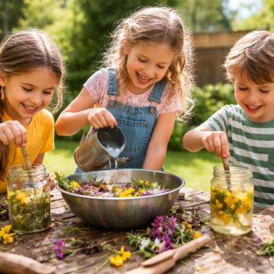picture of children playing outside in a garden using flowers, sticks and water to make imaginary potions, showing unstructured outdoor play and creativity