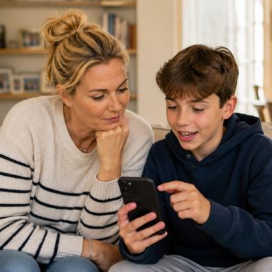 picture of A mum and tween son sitting together on a sofa looking at a smartphone screen